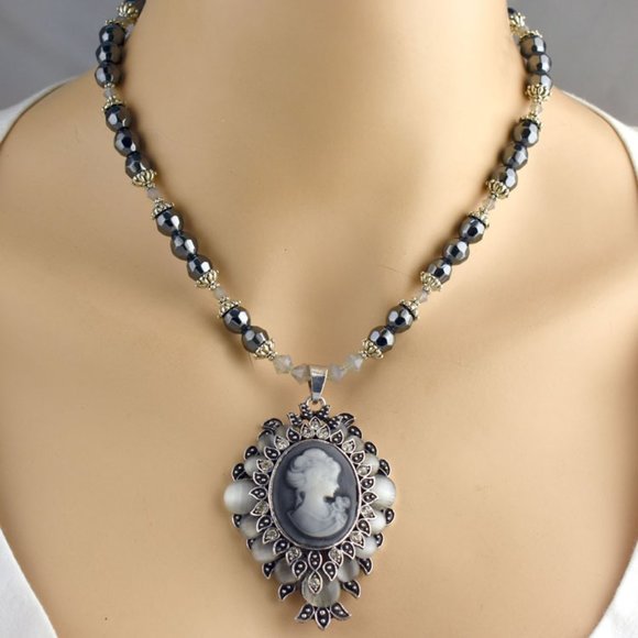 Hand Crafted Jewelry - Hematite & Crystal Cameo Necklace & Earring Set